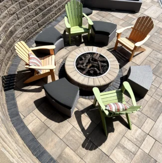 Seat wall, gas fire pit, and patio pavers