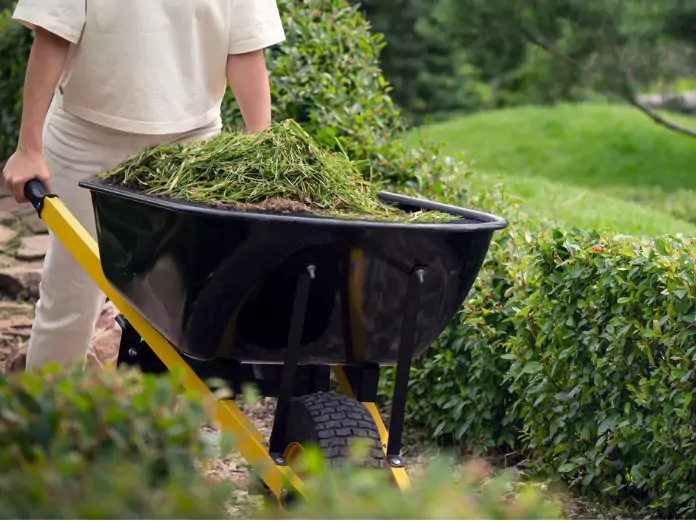 A lawn care specialist clearing out overgrowth and weeds, part of the standard lawn maintenance services offered by Mark Hoerr Landscaping in Peoria