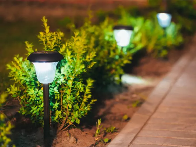 A closeup of outdoor lighting installed by Mark Hoerr Landscaping